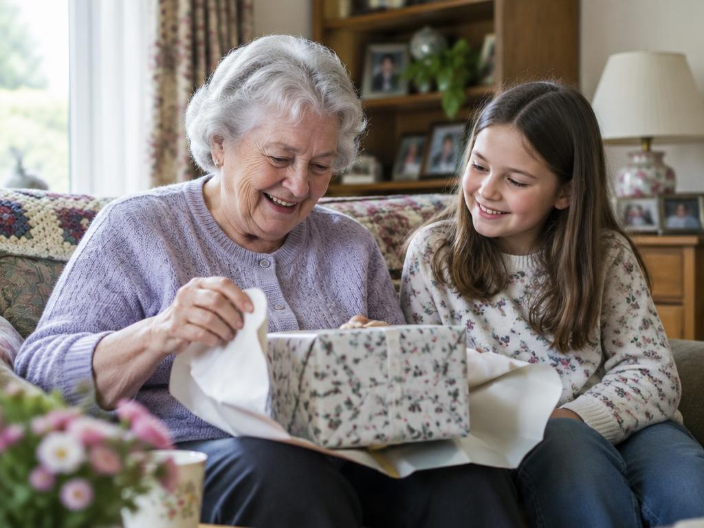 A grandmother opening a gift from her granddaughter