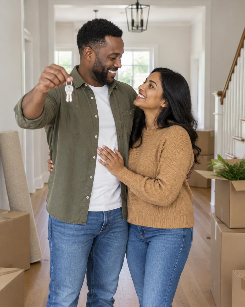 A couple holding the keys to their new home