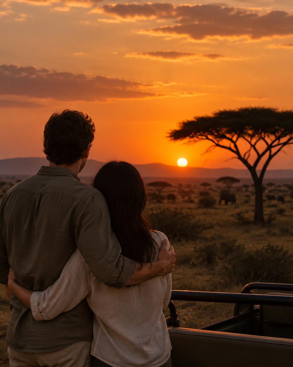 A couple on safari at sunset