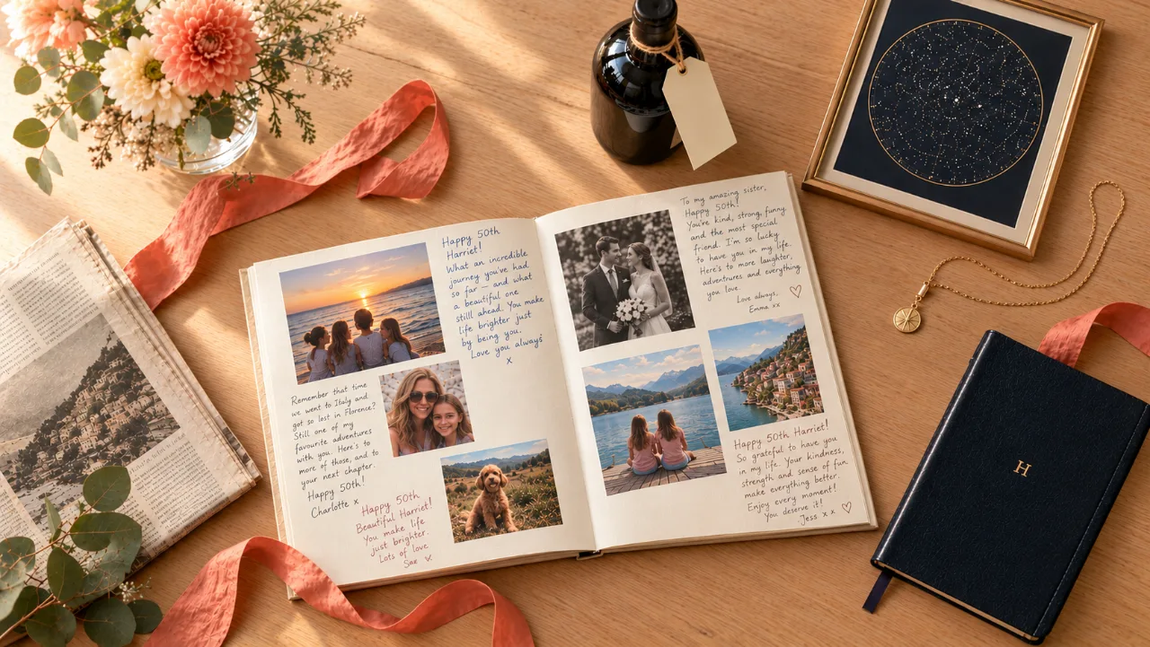 An open memory scrapbook for Harriet's 50th birthday, filled with family photos and handwritten messages from friends and family, surrounded by a framed star map, a navy notebook with a gold H, a gold compass necklace, a gift-tagged bottle and peach flowers