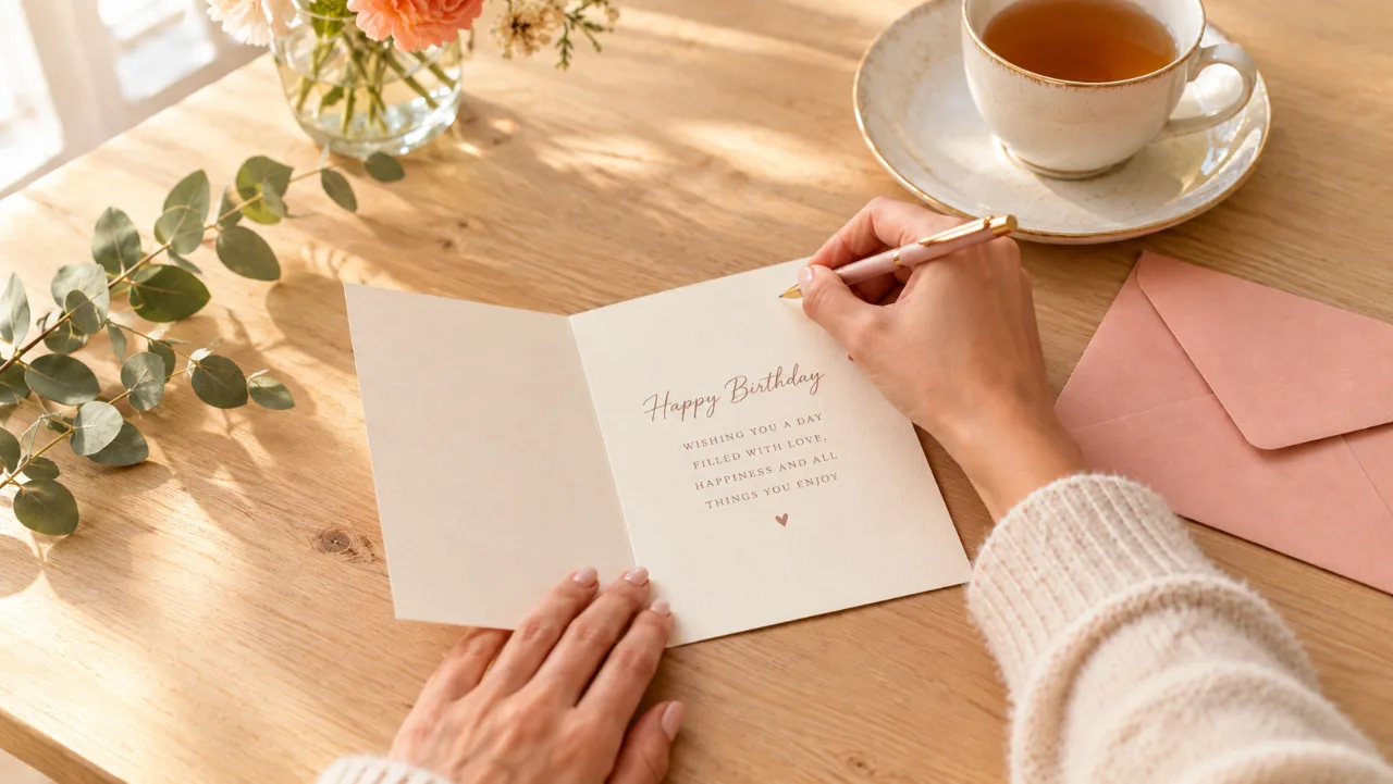 A hand writing inside an open birthday card on a wooden table, beside a cup of tea, a pink envelope, eucalyptus and a small vase of flowers in soft morning light